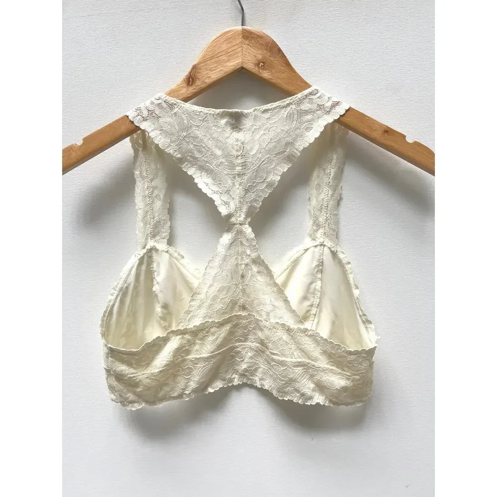 Free People Intimately Racerback Halter Off White Yellow Large Lace Bralette